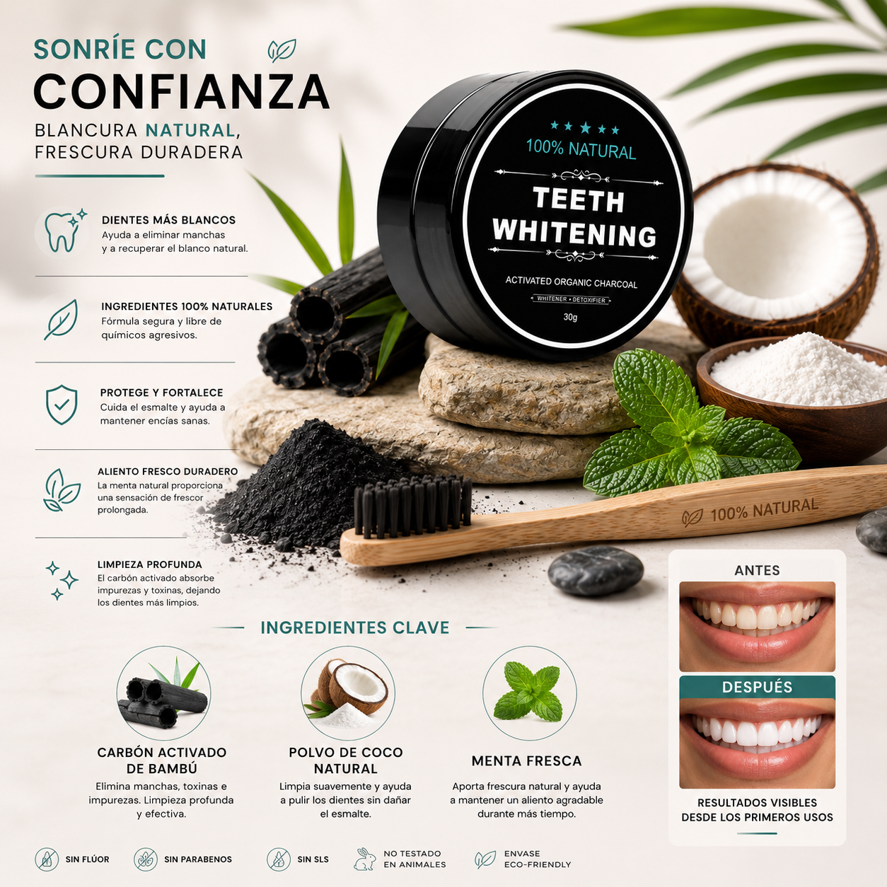 Kit Natural Blanqueador Dental · Carbón Activo 30g + Cepillo de Bambú